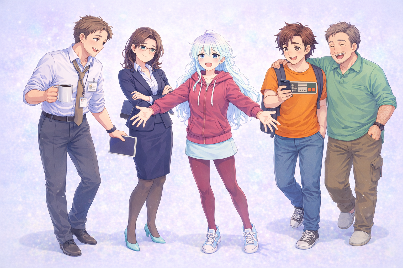 Un groupe de personnages, scène extérieure